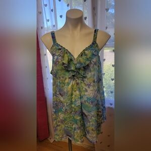 #28 Avenue Green Blue Patterned Camisole with Frill Detail 18/20
